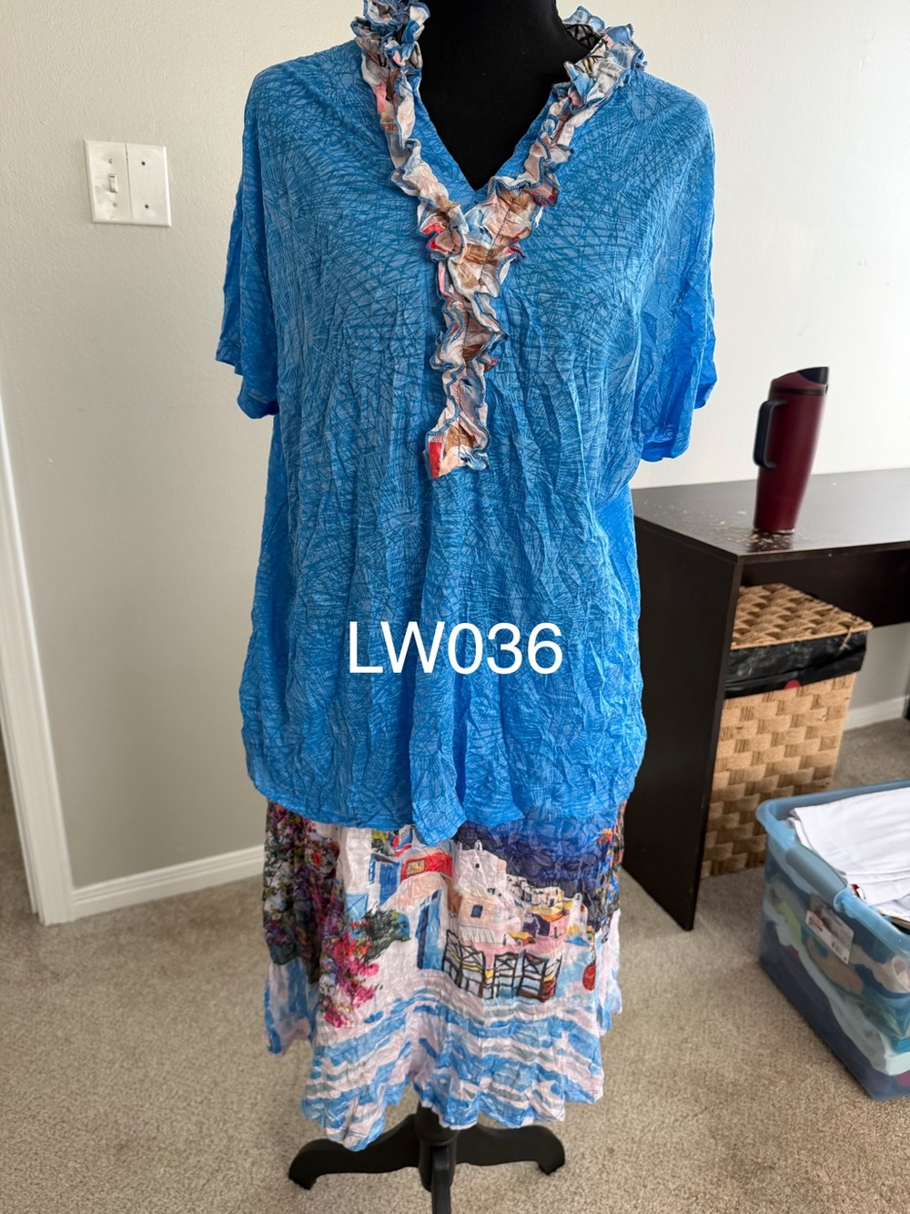 Blue Ruffle V-Neck Women’s Shirt & Skirt